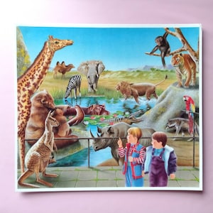 80s Vintage affiche scolaire murale en carton rigide Enfants au parc zoologique
