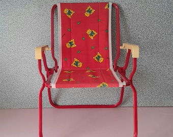 Vintage 80s 90s Folding metal and fabric chair for children camping holidays garden red color