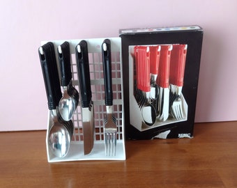 80s Vintage BESIC support with set of 24 stainless steel cutlery new black plastic handles