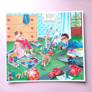 80s Vintage affiche scolaire murale en carton rigide Enfants jouent dans la chambre