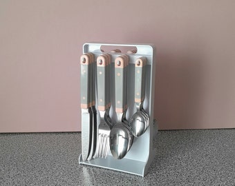 Vintage 80s Japan YAX plastic support with cutlery set of 24 gray and pink plastic and stainless steel cutlery