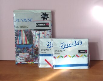 Vintage 80s SUNRISE bedding set printed flat sheet and 2 pillowcases new