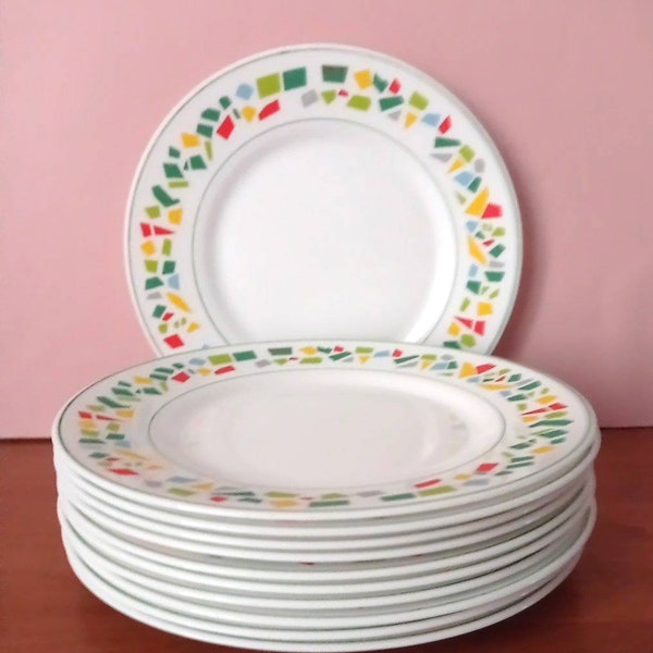 80s Vintage Arcopal France 10 White Dessert Plates Multicolored Geometric Patterns