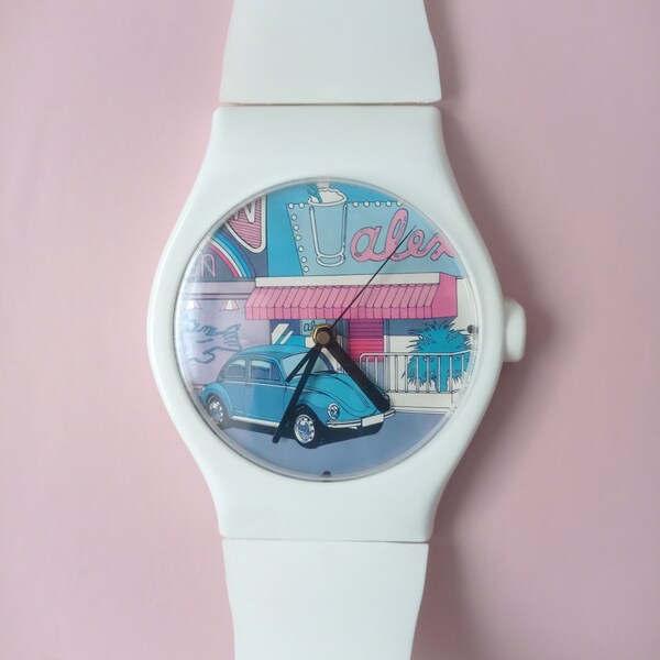 Vintage Années 80 90 wall watch grande montre murale horloge pendule en forme de montre plastique blanc