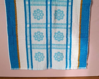 Vintage Années 80 Serviette de toilette éponge coton coloris bleu marron et blanc