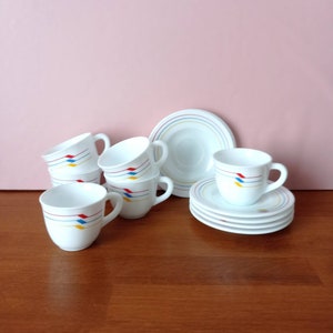 Vintage 80s 90s Harmonia Made in Spain pretty coffee service cups and saucers white tricolor decorations