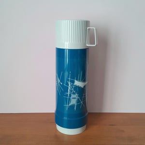 Vintage 80s Rotpunkt Germany Dr Zimmermann Blue and White Thermos Insulated Bottle