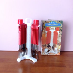 Vintage 80s Tableware Stainless Style Cutlery Set Stainless Steel Red Plastic Handles on Stand