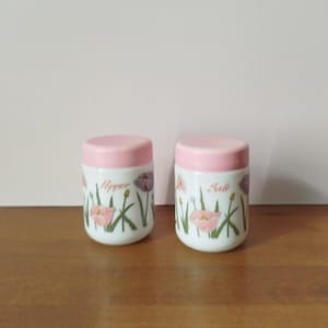 Vintage CERVE Italien Salz- und Pfefferstreuer Salz- und Pfefferstreuer Gewürze Glas und rosa Kunststoff