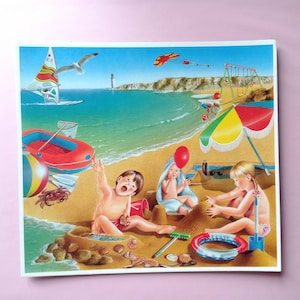 80s Vintage affiche scolaire murale en carton rigide Enfants à la mer