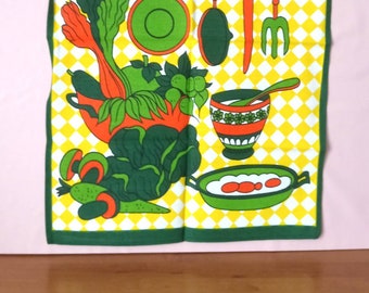 Vintage années 80 Torchon essuie de cuisine 47 x 68 cm jaune orange et vert