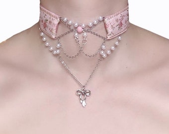 Embroidered Floral Ribbon Choker with Faux Pearls, Silver Chains and a Bow Charm