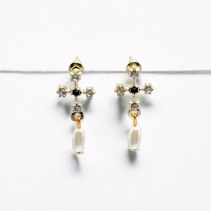 Gold Rhinestone Cross Earrings with Pearl Drops