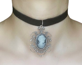 Black Suede Leather Choker with a Cameo Pendant | Regency with a Modern Twist