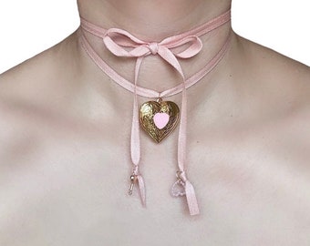 Pink Ribbon Choker with Heart Locket