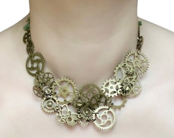 Cogs and Gears Choker with Green Aventurine Bead Chips | Steampunk Inspired