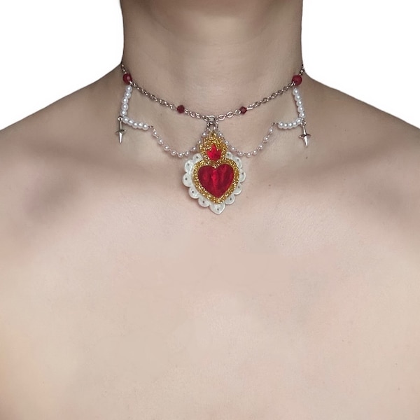 Silver Chained Choker with Red Glass Beads, Faux Pearls and a grand Acrylic Crowned Heart Pendant | Fairytale Jewellery