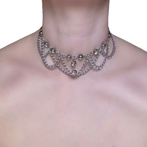 Silver Draped Curb Chain Choker with Crystal Rainbow Plated Glass Beads | Fairygrunge Inspired