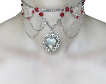 Sacred Heart Silver Chain Choker with Red Glass Beads