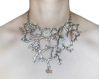Silver Coral Necklace with Faux Pearl and Glass Fish | Mermaidcore Inspired | Statement