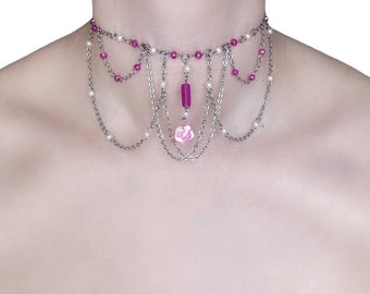 Beaded Silver Draped Choker with Faux Pearls, Pink Glass Beads, with a Polymer Clay Rose