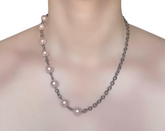 Edgy Blush Faux Pearl and Silver Chain Necklace
