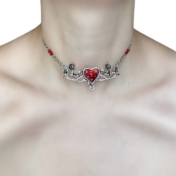 Silver Chain Choker with Red Glass Beads and a Red Heart and Rose Pendant | Gothic Inspired