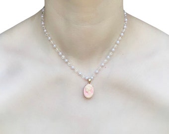 Faux Pearls and Glass Bead Necklace with pink Cameo | Regency Inspired