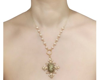 Gold Chain Necklace with Glass Beads and a Brocade Cameo Pendant | Regency Inspired