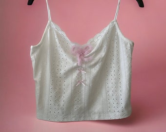 トップス moose's  eyelet ribbon cami White Eyelet Cami Top With Pink Bows - Etsy
