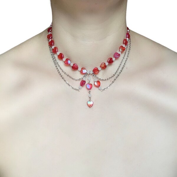 Heart Beaded Necklace with Glass Beads and Silver Chains | GirlyGrunge Inspired