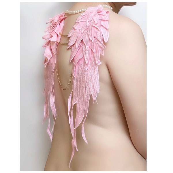 Pink 3D Lace Webbing Wings with Faux Pearls and Gold Chains | Whimsical Inspired