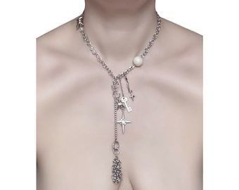 Silver Chain Necklace with Glass Opalite beads, a Barbed Connector, a Key Charm and Four-Point Star Charms  | Alt Inspired