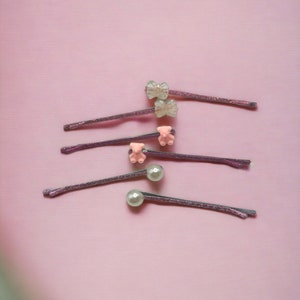 Pink Glitter Kirby Grips (six in the set) with Bears, Bows and Pearl