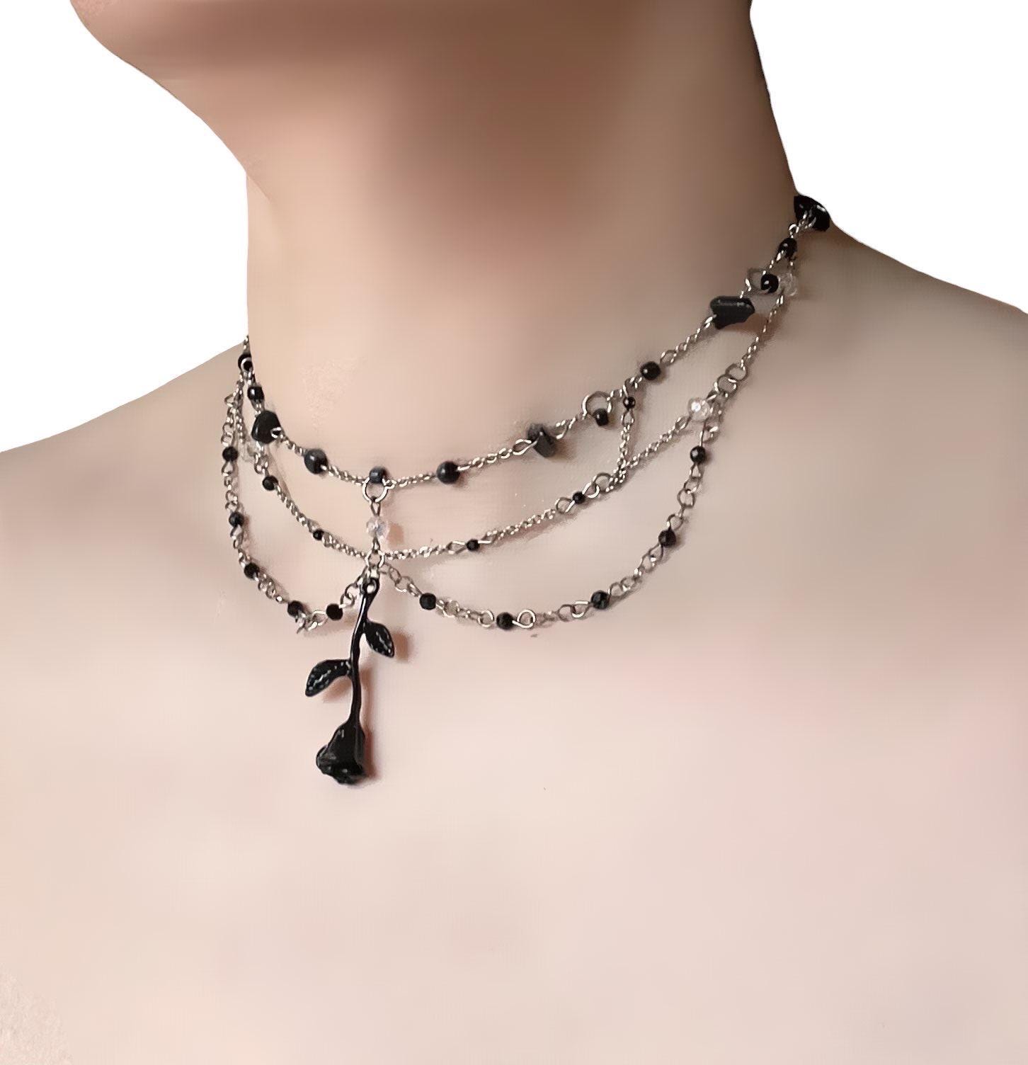 Black Rose Choker Necklace, Layered Gothic Chain Necklace, Dark