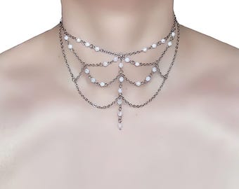 Handmade Aurora Choker | Layered Silver Chain, Iridescent Beads