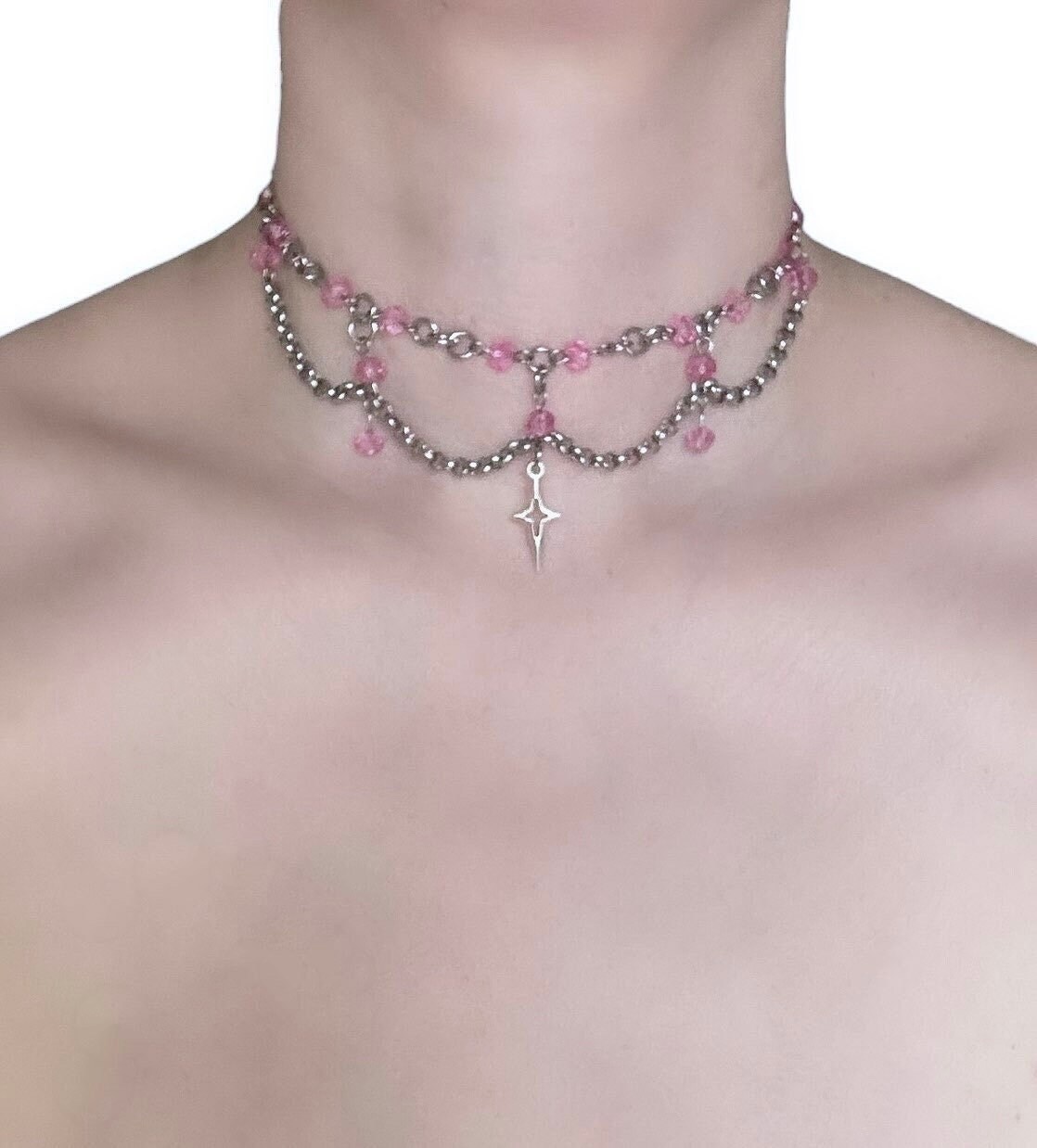 Silver Draped Chain Choker With Pink Glass Beads and a Four