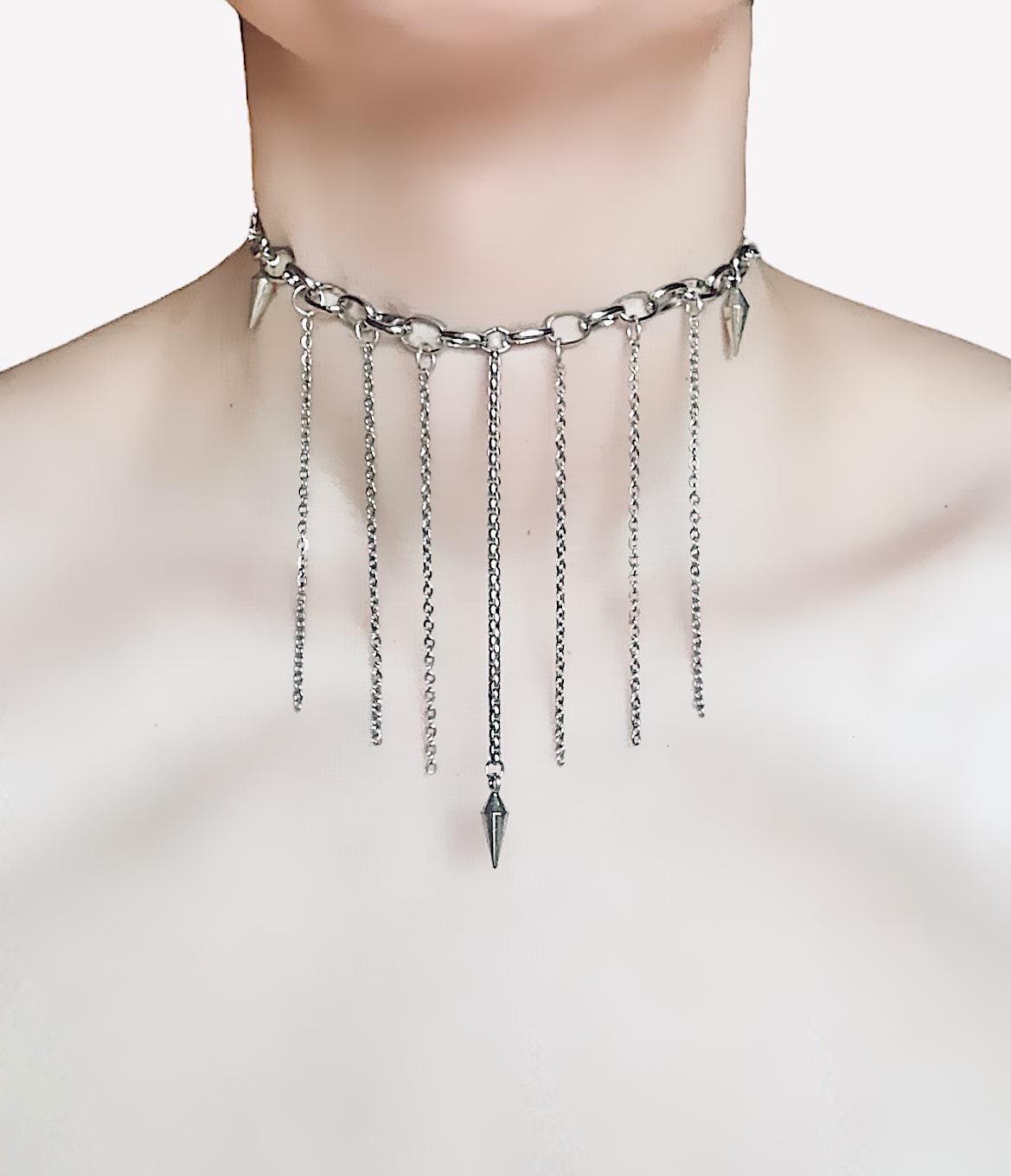 Silver Chunky Chain Choker With Drop Chains and Pendulum Charms