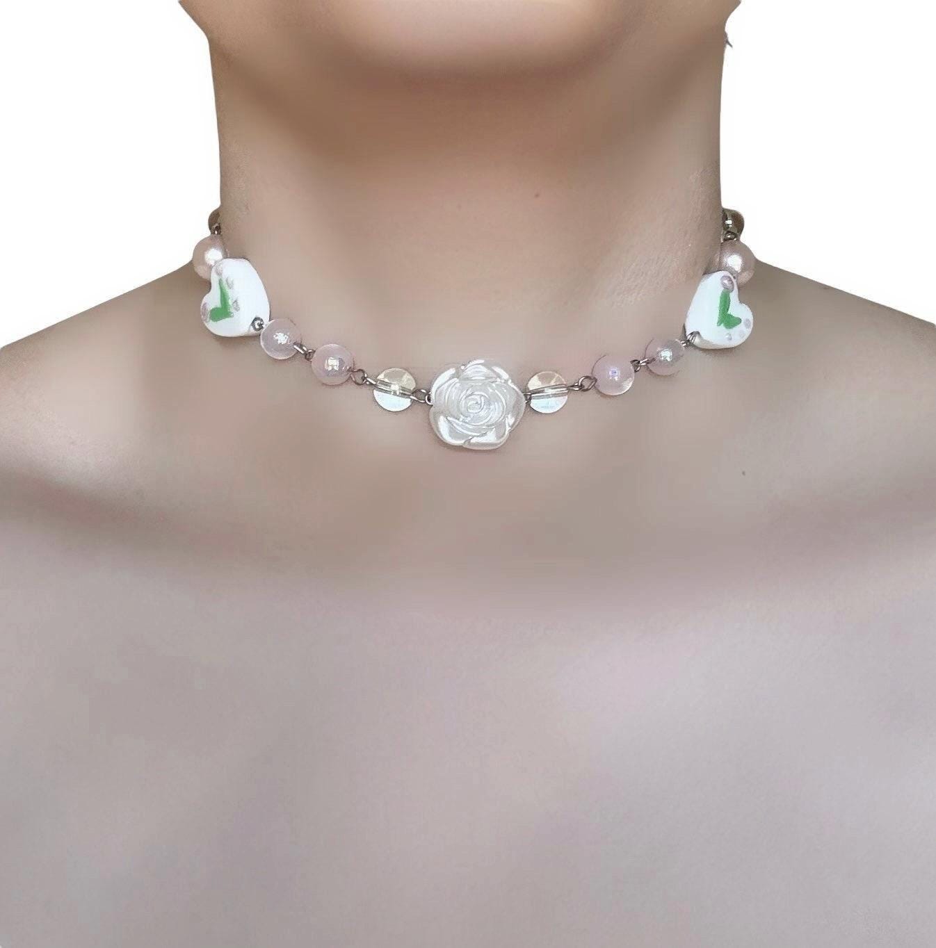 Blushing Heart Choker with Flower Beads, Faux Pearls and Lampwork Hearts