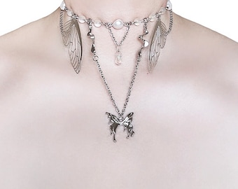 Layered Fairycore Butterfly Choker – Silver Chain with Pearls, Metallic Wings & Butterfly Pendant