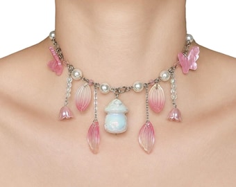Enchanted Woodland Mushroom Necklace, Fairycore Butterfly Floral Charm Choker