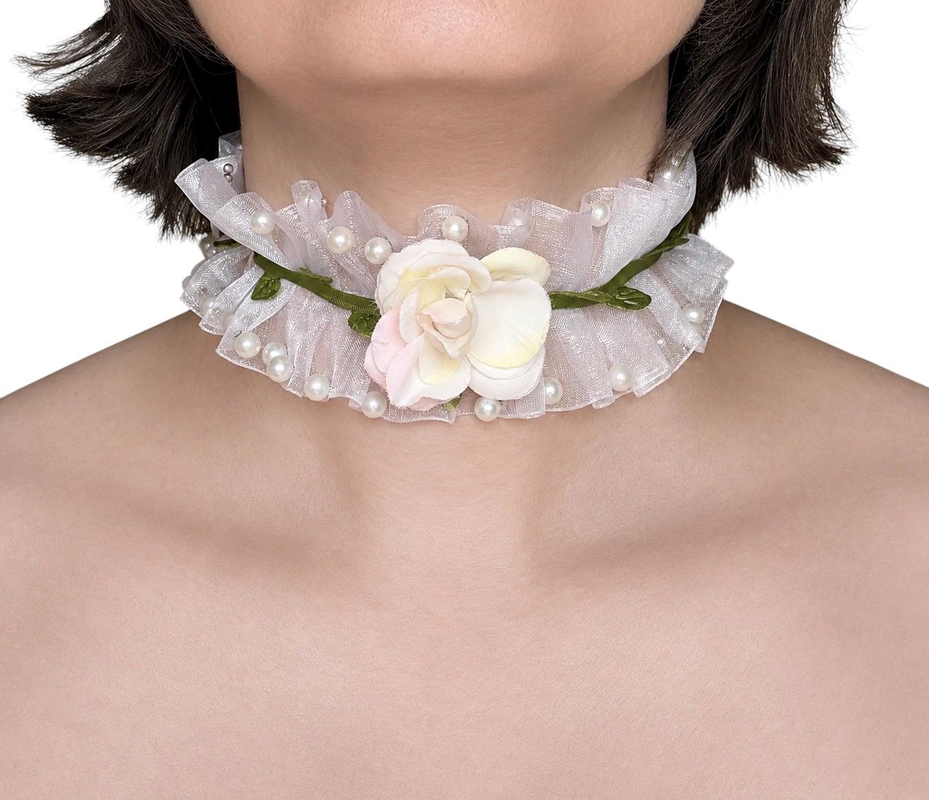 White Organza Ruffle Choker, Pearl Rose Floral Necklace, Fairycore
