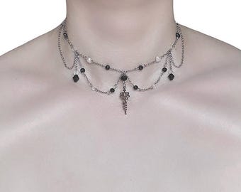 Draped Silver Chain Necklace: Black Glass Beads, Baroque Pearl