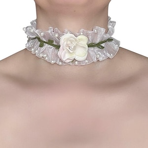 White Lace Choker with Faux Pearls, Fabric Vines and an a Fabric Flower | Cottagecore Inspired
