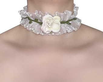 White Lace Choker with Faux Pearls, Fabric Vines and an a Fabric Flower | Cottagecore Inspired