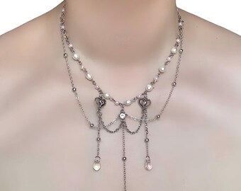 Cascading Silver Chain Necklace with Cultured Pearls, Pink Beads, Hearts and Glass Teardrop Beads
