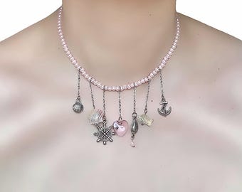 Faux Pink Pearl Necklace with Sea Themed Charms and a Pink Glass Heart
