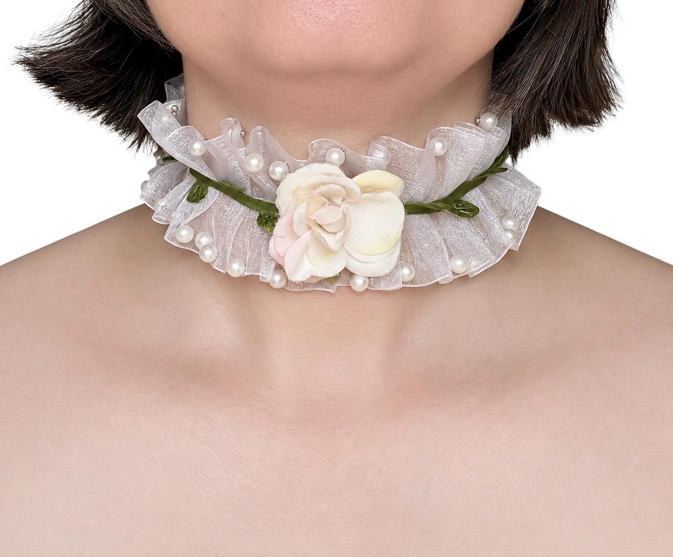 White Organza Ruffle Choker, Pearl Rose Floral Necklace, Fairycore