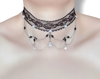 Handmade Black Lace Choker – Gothic Cascade Necklace with Crystal Drops