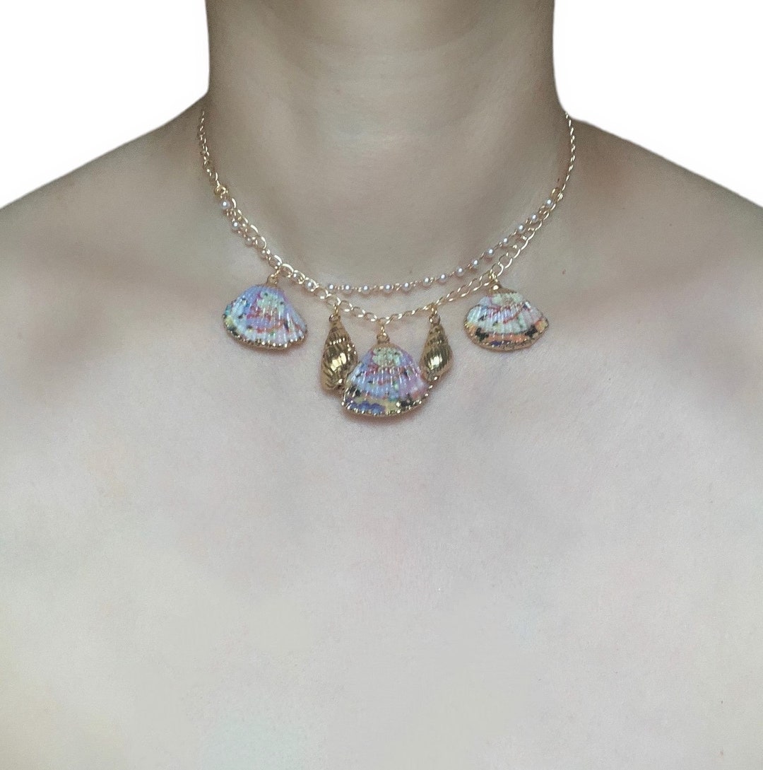 Gold Chain Necklace With Faux Pearls, Dyed Scallop Shells Edged With ...